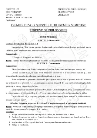Première page de Philosophie 1ère C, 1ère D — 1er devoir surveillé, 1er semestre (2020-2021) · CEG FIYEGNON