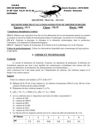 Première page de PCT Tle D — 2e évaluation sommative, 1er semestre (2019-2020) · CEG Dantokpa