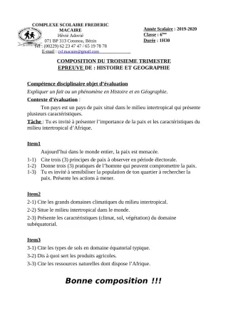Première page de Histoire-Géographie 6e, 5e, 4e, 4e ML — Composition, 3e trimestre (2019-2020) · CPEG Frédéric Macaire