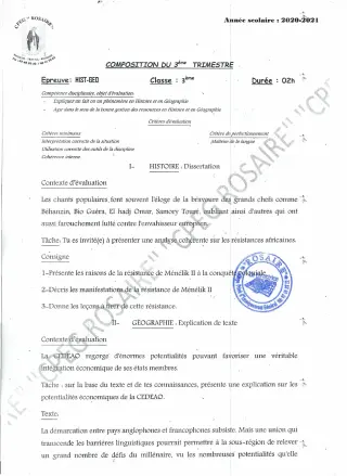 Première page de Histoire-Géographie 3e, 3e ML — 1re composition (2020-2021) · CPEG ROSAIRE