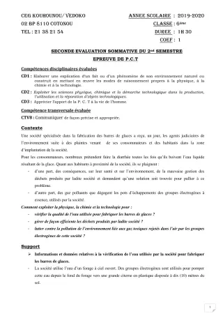 Première page de PCT 6e — 2e évaluation sommative, 2e semestre (2019-2020) · CEG Kouhounou-Vêdoko