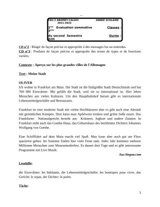 Première page de Allemand 3e — 1re évaluation sommative, 2e semestre (2021-2022) · CEG2 ABOMEY - CALAVI (CEG ZOCA)