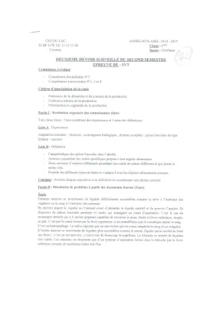 Première page de SVT 6e — 2e devoir surveillé, 2e semestre (2018-2019) · CEG du Lac