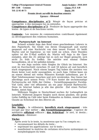 Première page de Allemand Tle A2, Tle B — 1er devoir surveillé, 2e semestre (2018-2019) · CEG L'Entente