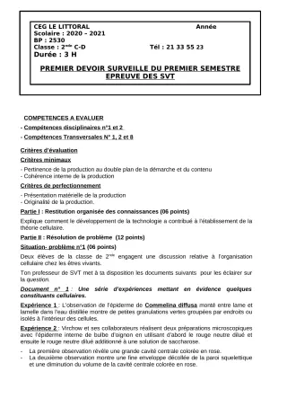 Première page de SVT 2nde C, 2nde D — 1er devoir surveillé, 1er semestre (2020-2021) · CEG Le Littoral