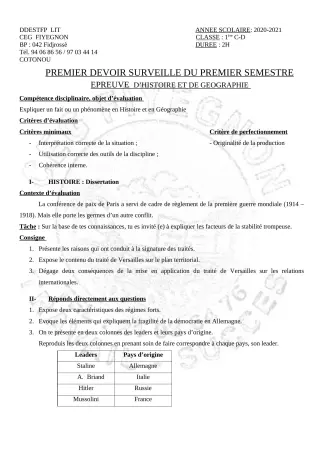 Première page de Histoire-Géographie 1ère C, 1ère D — 1er devoir surveillé, 1er semestre (2020-2021) · CEG FIYEGNON
