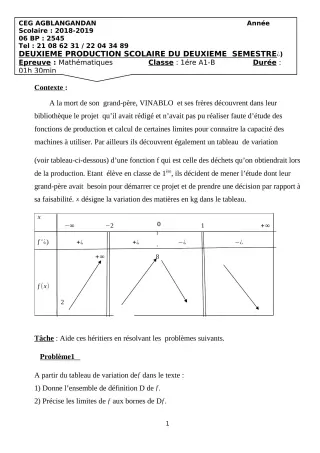Première page de Mathématiques 1ère A2, 1ère B — 2e production scolaire, 2e semestre (2018-2019) · CEG AGBLANGANDAN
