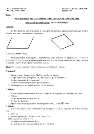 Première page de Mathématiques 6e, 5e, 4e, 4e ML, 3e, 2nde A & B, 2nde D — 1re évaluation sommative, 2e semestre (2018-2019) · CEG Ahossougbéta