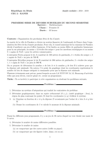 Première page de Mathématiques 1ère D — 1er devoir surveillé, 2e semestre (2018-2019) · CEG 2 KANDI