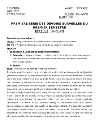 Première page de Anglais Tle A2, Tle B, Tle C, Tle D — 1er devoir surveillé, 1er semestre (2022-2023) · CEG PAHOU