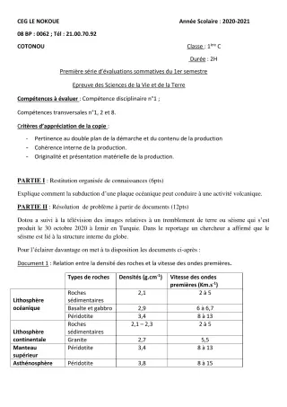 Première page de SVT 1ère C — Évaluation sommative, 1er semestre (2020-2021) · CEG LE NOKOUE