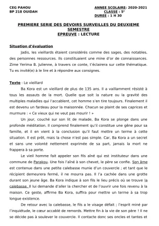 Première page de Français 5e — 1er devoir surveillé, 2e semestre (2020-2021) · CEG PAHOU