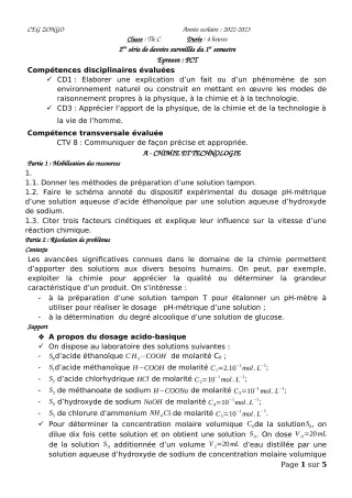 Première page de PCT Tle C — 2e devoir surveillé, 1er semestre (2022-2023) · CEG ZONGO