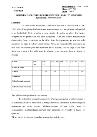 Première page de Mathématiques 1ère B — 2e devoir surveillé, 2e semestre (2019-2020) · CEG du Lac