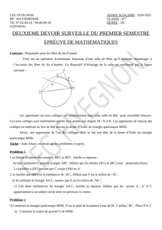 Première page de Mathématiques 4e — 2e devoir surveillé, 1er semestre (2020-2021) · CEG FIYEGNON