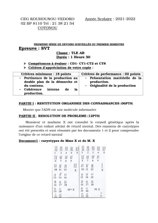 Première page de SVT Tle A1, Tle A2, Tle B — 1er devoir surveillé, 1er semestre (2021-2022) · CEG Kouhounou-Vêdoko
