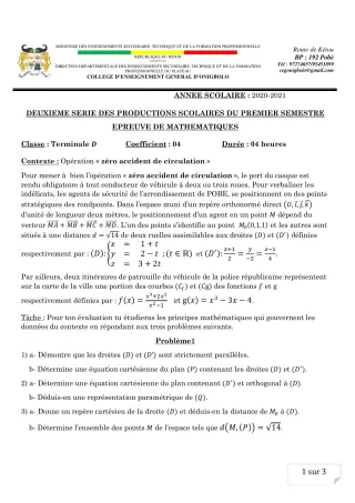 Première page de Mathématiques Tle D — 2e production scolaire, 1er semestre (2020-2021) · CEG ONIGBOLO