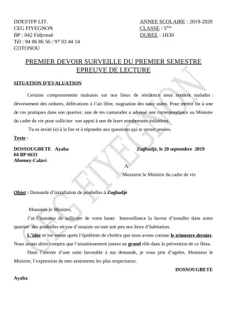 Première page de Français 5e — 1er devoir surveillé, 1er semestre (2019-2020) · CEG FIYEGNON