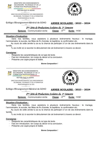Première page de Français 6e — 2e production scolaire, 1er semestre (2023-2024) · CEG GOHO