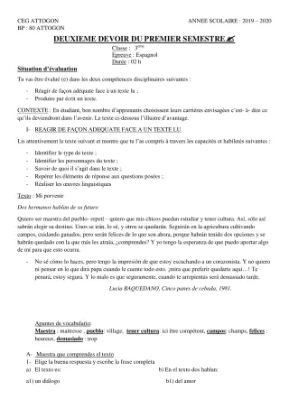 Première page de Espagnol 3e ML — 2e devoir surveillé, 1er semestre (2019-2020) · CEG Attogon