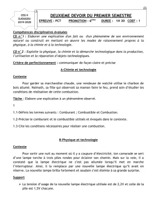 Première page de PCT 6e — 2e devoir surveillé, 1er semestre (2019-2020) · CEG 2 Djougou