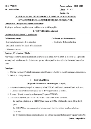 Première page de Histoire-Géographie 1ère C, 1ère D — 2e devoir surveillé, 1er semestre (2018-2019) · CEG PAHOU