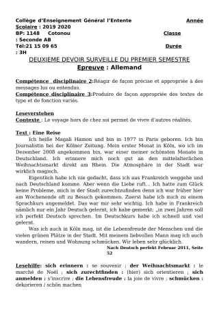 Première page de Allemand 2nde A2, 2nde B — 2e devoir surveillé, 1er semestre (2019-2020) · CEG L'Entente