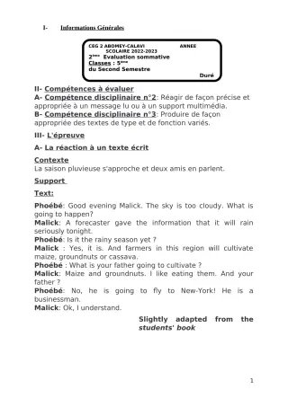 Première page de Anglais 5e — 2e évaluation sommative, 2e semestre (2022-2023) · CEG2 ABOMEY - CALAVI (CEG ZOCA)