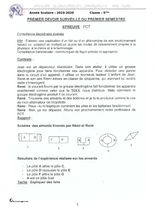 Première page de PCT 5e — 1er devoir surveillé, 1er semestre (2019-2020) · CEG ADJOVICODJI 'LES OLIVIERS'