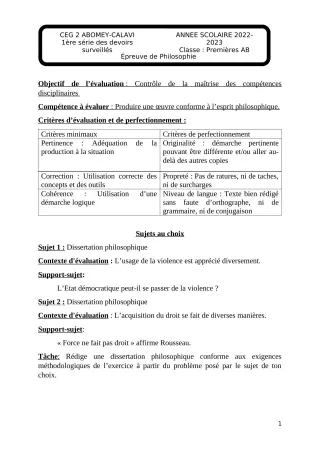 Première page de Philosophie 1ère A & B — 1er devoir surveillé, 2e semestre (2022-2023) · CEG2 ABOMEY - CALAVI (CEG ZOCA)