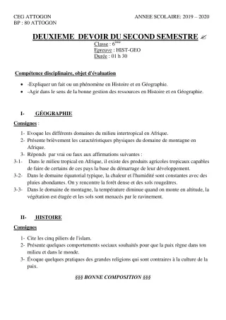 Première page de Histoire-Géographie 6e — Composition, 2e semestre (2019-2020) · CEG Attogon