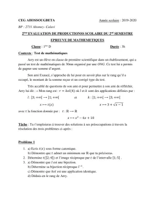 Première page de Mathématiques 1ère D — 2e semestre (2019-2020) · CEG Ahossougbéta