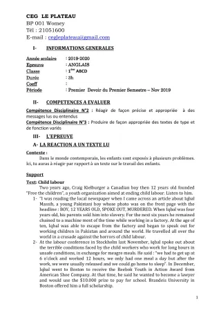 Première page de Anglais 1ère A2 — 1er devoir surveillé, 1er semestre (2019-2020) · CEG Le Plateau