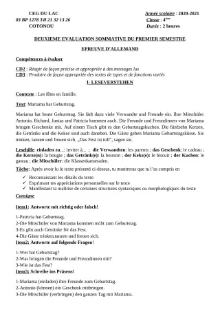 Première page de Allemand 4e ML — 2e évaluation sommative, 1er semestre (2020-2021) · CEG du Lac