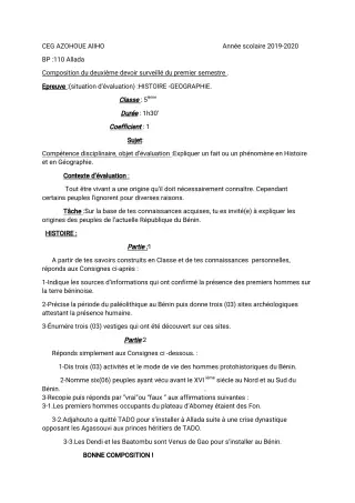 Première page de Histoire-Géographie 5e — 2e devoir surveillé, 1er semestre (2019-2020) · CEG AZOHOUE-ALIHO