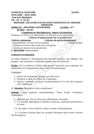 Première page de Histoire-Géographie 4e, 4e ML — Évaluation sommative, 1er trimestre (2019-2020) · CPEG ENFANT PRODIGE