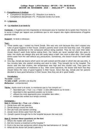 Première page de Anglais 4e — Devoir surveillé (2019-2020) · CPEG Roger LAFIA