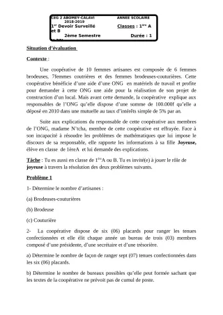 Première page de Mathématiques 1ère A1, 1ère A2, 1ère B — 1er devoir surveillé, 2e semestre (2018-2019) · CEG2 ABOMEY - CALAVI (CEG ZOCA)