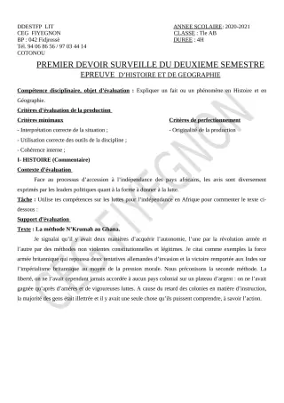 Première page de Histoire-Géographie Tle A1, Tle A2, Tle B — 1er devoir surveillé, 2e semestre (2020-2021) · CEG FIYEGNON