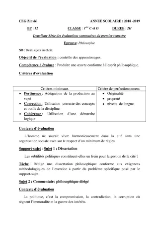 Première page de Philosophie 1ère C, 1ère D — 2e évaluation sommative, 1er semestre (2018-2019) · CEG Zinvié