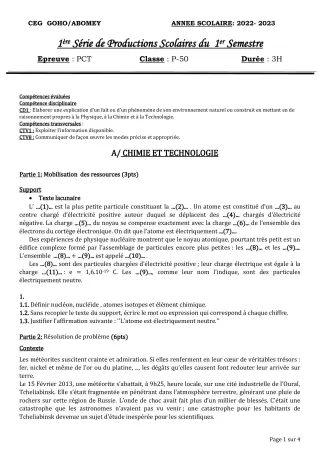 Première page de PCT 2nde D — 1re production scolaire, 1er semestre (2022-2023) · CEG GOHO