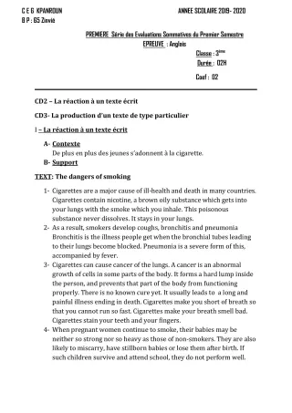 Première page de Anglais 3e, 3e ML — 1re évaluation sommative, 1er semestre (2019-2020) · CEG Kpanroun