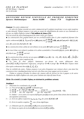 Première page de Mathématiques Tle D — 2e devoir surveillé, 1er semestre (2018-2019) · CEG Le Plateau