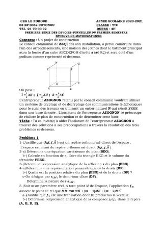 Première page de Mathématiques Tle C — 1er devoir surveillé, 1er semestre (2020-2021) · CEG LE NOKOUE