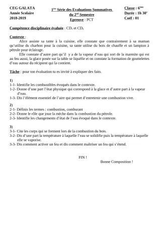 Première page de PCT 6e, 5e, 4e, 3e — 1re évaluation sommative, 2e semestre (2018-2019) · CEG Galata