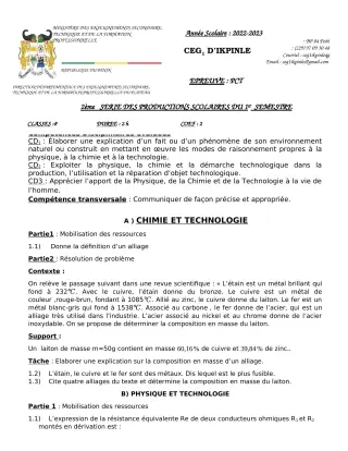Première page de PCT 4e — 2e production scolaire, 1er semestre (2022-2023) · CEG1 Ikpinlè