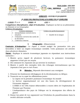 Première page de Histoire-Géographie Tle C, Tle D — 1re production scolaire, 2e semestre (2022-2023) · CEG1 Ikpinlè