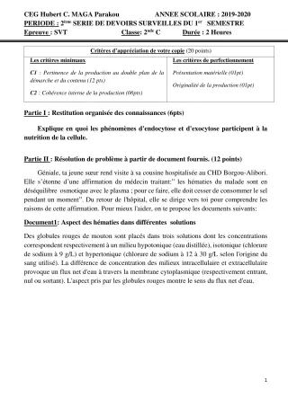 Première page de SVT 2nde C — 2e devoir surveillé, 1er semestre (2019-2020) · CEG Hubert C. MAGA