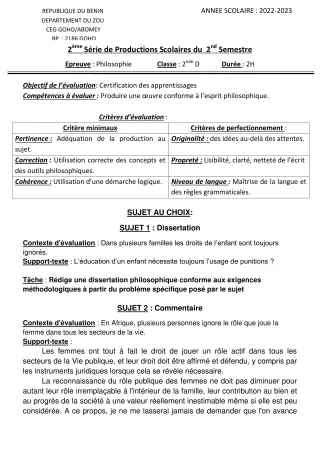 Première page de Philosophie 2nde D — 2e production scolaire, 2e semestre (2022-2023) · CEG GOHO