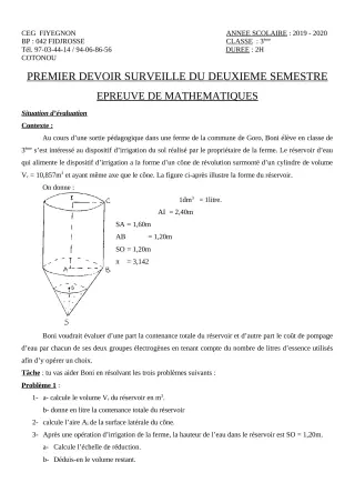 Première page de Mathématiques 3e, 3e ML — 1er devoir surveillé, 2e semestre (2019-2020) · CEG FIYEGNON